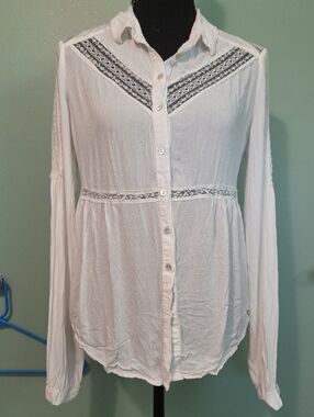 Free People White Long Sleeve Lace Detail Blouse Boho Western Size Xs